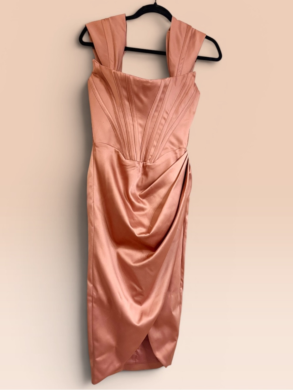 House of CB Dusty Rose Satin Corset Ruched Midi Dress | Size S